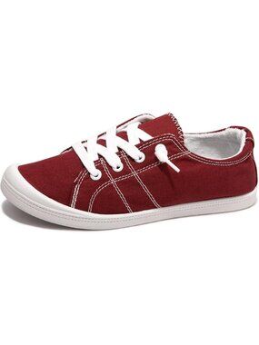 Women's Red Canvas Low Top Casual Classic Non Slip Rubber Outsole Flat Sneakers